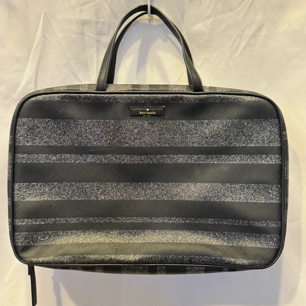 Kate Spade Black Silver Glitter Toiletries Travel Cosmetic Make-up Bag
